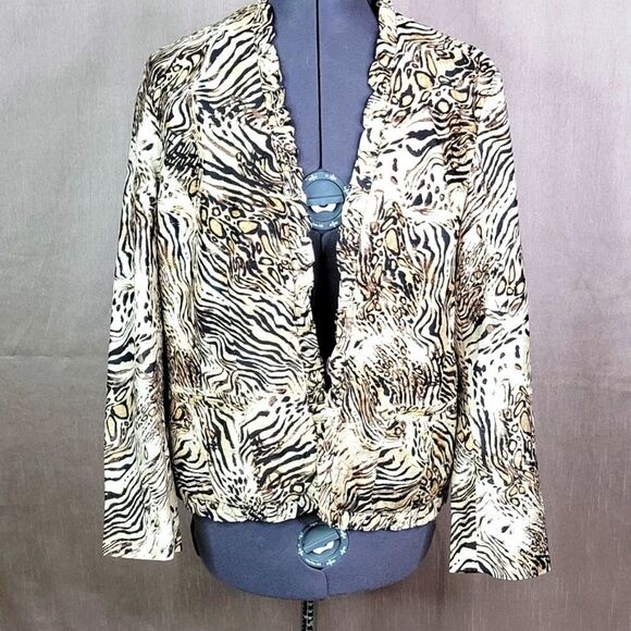 CHICO'S Ruffled‎ Silk Animal Print Jacket Size Medium - Picture 1 of 8